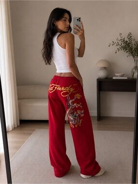 Ed Hardy Y2K Streetwear Dragon Graphic Sweatpants Red Size S Joggers
